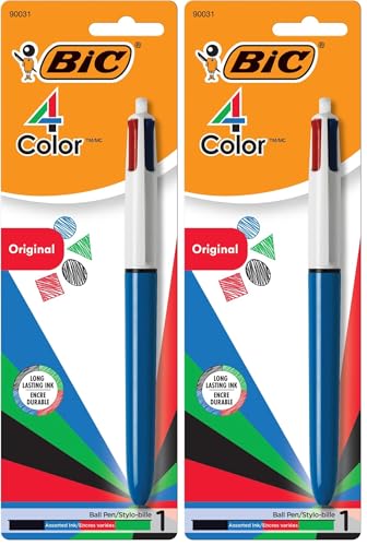 BIC 4-Color Original Retractable Ball Pens, Medium Point (1.0mm), 1-Count Pack, Retractable Ball Pen With Long-Lasting Ink (Pen barrel color may vary) (Pack of 2) - color: Green, size: 1 Count (Pack of 2), style: Blue Barrels