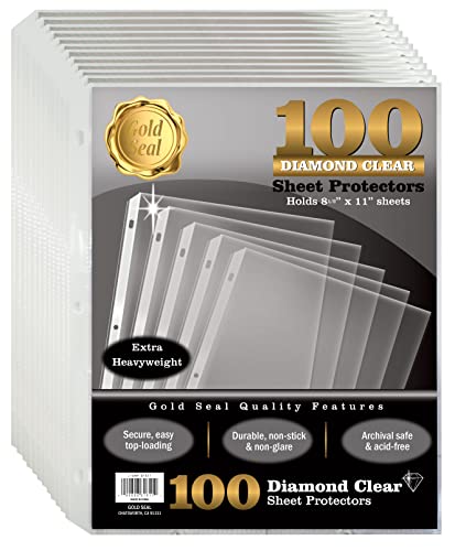 GOLD SEAL Page Protectors, 100 Pack Diamond Clear 4 Mil Heavyweight Page Protectors for 3 Ring Binder, 8.5 x 11 Top Load Clear Binder Sleeves, Durable Sheet Protectors