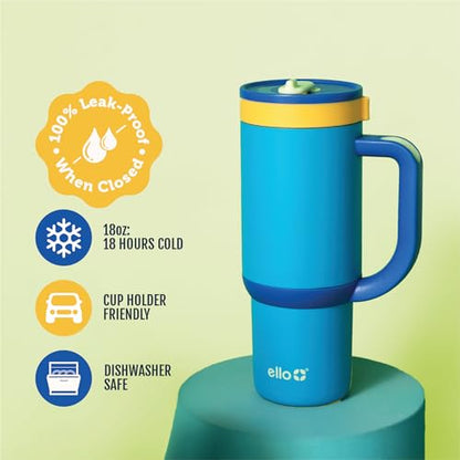 Ello Oasis 18oz Insulated Stainless Steel Kids Tumbler with Straw, Glacier | Leakproof kids tumbler with handle and retracting straw. BPA-free, keeps drinks cold, cupholder friendly for school. - color: Glacier, size: 18 Ounces