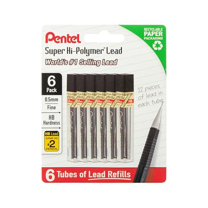 Pentel Super Hi-Polymer Lead Refills, 0.5 mm, HB, 72 Pieces (12 pcs per tube, 6 tubes) - style: HB