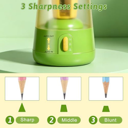 Rechargeable Electric Pencil Sharpener, 6-12mm Auto in & Out Fully Automatic Pencil Sharpener for Kids, Large Capacity Battery Powered, with Cartoon Stickers Ideal for Classroom & Home (Green) - color: Green