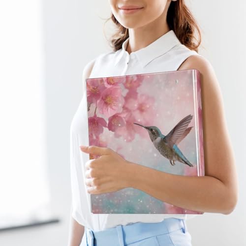 Cherry Blossom and Hummingbird Binder 3 Ring 1.5 Inch Binder with Clipboard&Pockets, Hardcover Binders Heavy Duty Large File Folder for Office School Supplies - Holds 200 Sheets - color: Cherry Blossom and Hummingbird, size: 1 Pack-12.4x10.63in