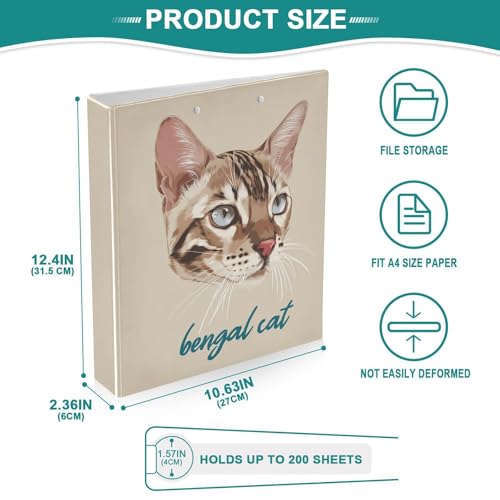 Fustylead Bengal Cat 3 Ring Binder, D-Rings 1.5" Hardcover Folder, Fits 200 Sheets of A4 Paper, Durable Clipboard & Clean View with Inside Pockets for School Home Office - size: 12.4x10.63x2.36 Inch-1 Pack