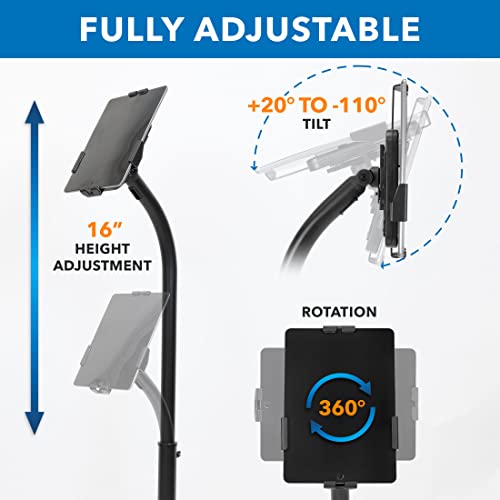 Mount-It! Universal Tablet Floor Stand with Locking Clamp, Anti-Theft Adjustable Kiosk for 7.9"–11" Tablets, Height Adjustable 31"–46.8", Bolt-Down Base for Retail & Business, Black