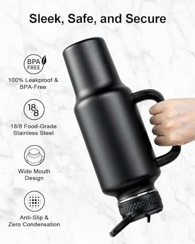 Trebo Insulated Water Bottle 40oz Fits in Car Cup Holder with Side Handle | Stainless Steel Metal Tumbler with Straw Spout Lids, Triple-Wall Vacuum Copper Plated, Cold 48 Hrs Hot 24 Hrs for Travel, Gym - color: Deep Black, size: 40 Ounces