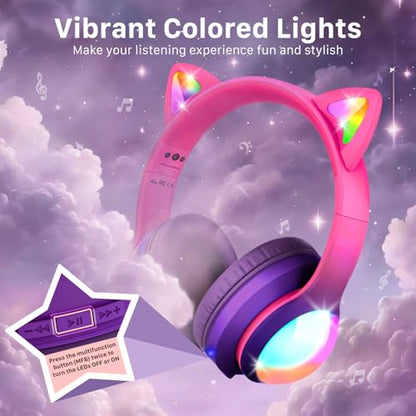 FosPower Kids Bluetooth 5.2 Headphones with LED Cat Ears (85/94dB Safe Volume Limit) Foldable Wireless or Wired Headset with 100hr Play Time and 3.5mm Cable for School/Travel - Hot Pink/Purple - color: 04 - Hot Pink/Purple (Bluetooth)