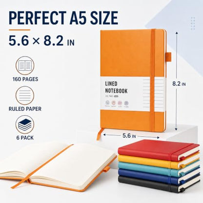Thboxes 6 Pack A5 Lined Journal Notebooks, Hardcover, 160 Pages, Multicolor | 100 GSM, Pen Holder, Bulk Set for Writing, Notes, Work, Home, College, School, Travel, Office, Students, Teachers, Daily Use