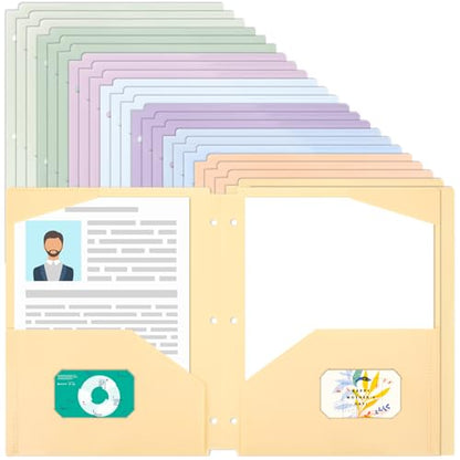 EOOUT 24pcs 3 Hole Punch Folders with 2 Pockets, Plastic File Folders for 3 Ring Binder, with Pocket and 2 Card Slots, Heavy Duty Poly Folders for School Office Supplies - color: Pastel, style: 24pcs