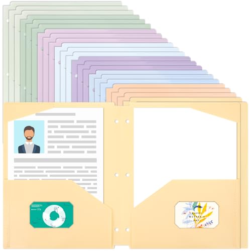EOOUT 24pcs 3 Hole Punch Folders with 2 Pockets, Plastic File Folders for 3 Ring Binder, with Pocket and 2 Card Slots, Heavy Duty Poly Folders for School Office Supplies - color: Pastel, style: 24pcs