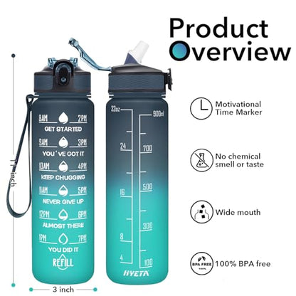 Hyeta Water Bottle with Straw & Time Marker, Plastic 32oz Leakproof | Motivational Tritan BPA Free Gym Office Outdoor Intake Tracker Hourly Reminder Straw Lid Carry Strap - color: Navy-Blue-Green