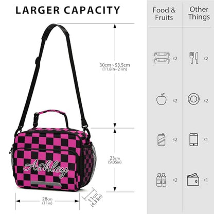 Custom Student Lunch Bag for Boys Girls Hot Pink and Black Checkered Personalized Lunch Box With Name Insulated Cooler Bag for School Picnic Travel - color: Multi14