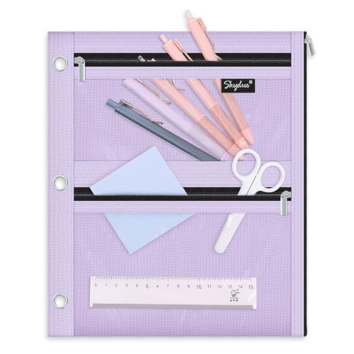 SKYDUE Pencil Pouch for 3 Ring Binder, 3 Compartment Zipper Pencil Case, Large Capacity Pen Organizer with Clear PVC Window for School Supplies, Students, Kids & Teachers - color: Purple