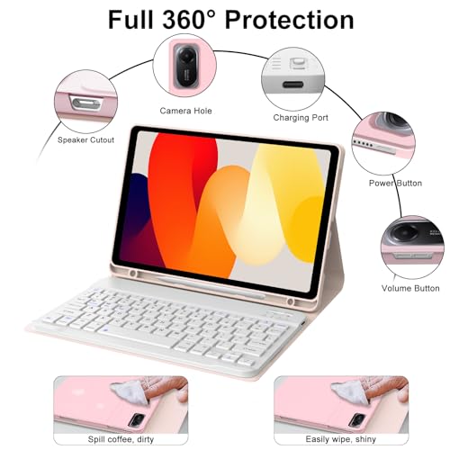 IVEOPPE Keyboard Case for Xiaomi Pad 8/8 Pro/Pad 7/7 Pro 11.2 Inch | Magnetic Detachable Wireless, Bluetooth Connection Keyboard, Stain Resistant Protection Cover, Rechargeable, Pencil Holder - color: Pink(Non-Backlit Keyboard)