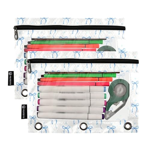 Wamika Blue Ribbon Bowknot Binder Pouches 3 Ring for Boys Girls School Office College Supplies Bow Tie Doodle Pattern White Pencil Pouches Case Bag with Clear Window and Zipper 2 pack