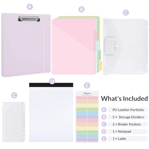 SKYDUE 3 Ring Binder with Clipboard 1 Inch, 13.2" × 10.2" PU Clipboard Binder with Notepad & 5 Dividers with 5 Pockets, Labels, Clipboard Folder Great for School Office (Fit Letter Sized Paper) - color: Purple, size: Letter Size - 1 Inch