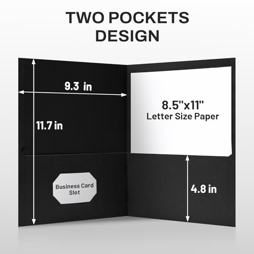 SUNEE Folders with Pockets, 50 Pack File Folders with Business Card Slot, Textured Paper, Fit Letter Size Paper, Paper File Folder for School Office Home Business, Black - color: Black