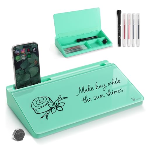 TOWON Compact Glass Desktop Whiteboard with Storage 12x7 in, Mint Green | Aesthetic dry erase surface, 5 markers, eraser and holder included, for the office, home or school desk - color: Mint