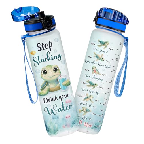 Cute Turtle Hydration Water Bottle 32oz – Time Marker Motivational Design, With Lid And Filter, Durable Hard Plastic Bottle For Daily Hydration, Gifts For Adults And Turtle Lovers - color: Turlecute