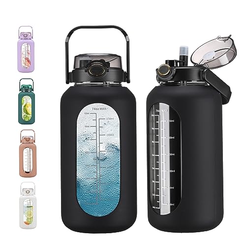 chunmo 74 oz Glass Water Bolttles with Straw Large Motivational Water Bottle with Time Marker Sports Water Bottles with Silicone Sleeve and Handle Lid 2.2L Water Jug for Gym Workout - color: Black