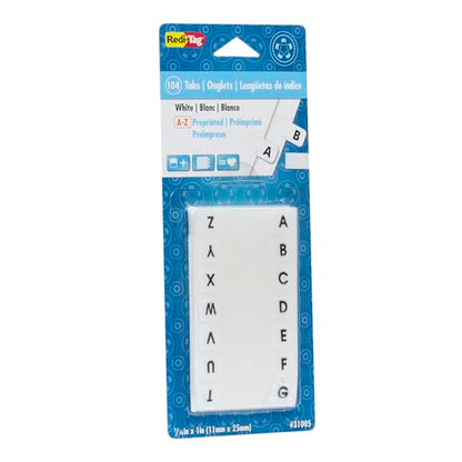 Redi-Tag Alphabetical Tabs, A - Z Pre-Printed Divider Tabs, Permanent Adhesive Index Labels,Divider Labels for School, Home and Office, 7/16" x 1", White, 104 Tabs Per Pack, (B31005)