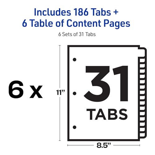 Avery 1-31 Dividers for 3 Ring Binders, 31 Tabs per Set, Customizable Table of Contents, Classic White Tabs, Great for Organizing Reports, Projects, and More (6 Sets of 11827) - size: One Size, style: 6 Set