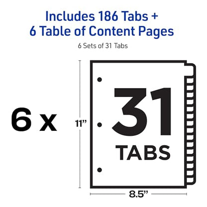 Avery 1-31 Dividers for 3 Ring Binders, 31 Tabs per Set, Customizable Table of Contents, Classic White Tabs, Great for Organizing Reports, Projects, and More (6 Sets of 11827) - size: One Size, style: 6 Set