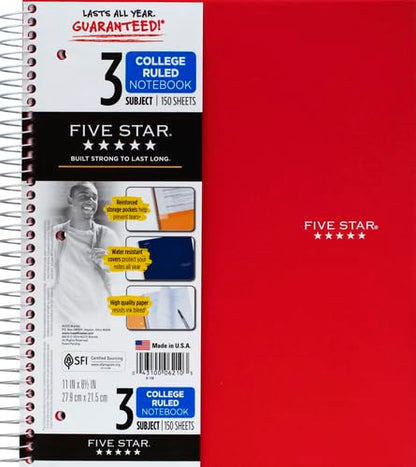 Five Star 06210 Wirebound 3-Subject Notebook, College Rule, 11 x 8 1/2, 150 Sheets, Assorted - size: 150