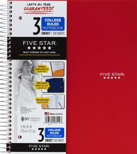 Five Star 06210 Wirebound 3-Subject Notebook, College Rule, 11 x 8 1/2, 150 Sheets, Assorted (Pack of 2) - size: 150 (Pack of 2)