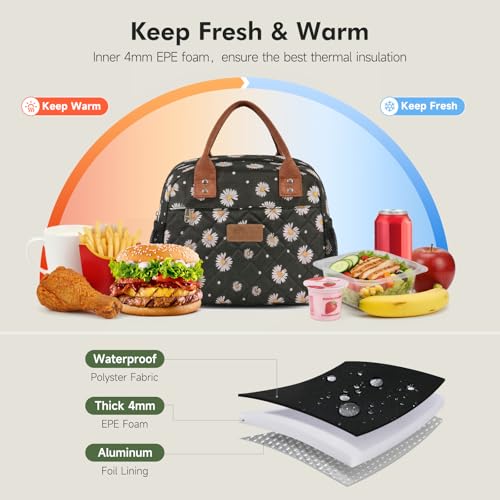 HOMESPON Insulated Lunch Bag for Women Men, Cooler Tote Box, Black Daisy | Front Pocket, Side Mesh Pockets, Reusable, for Work, Picnic, Food Container - color: Black Daisy