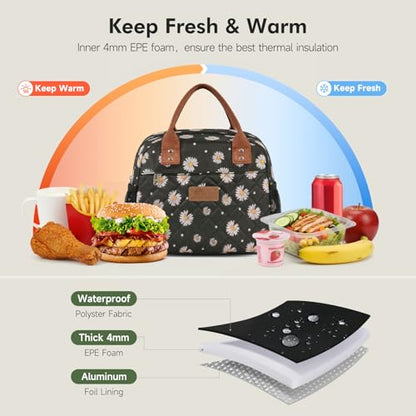 HOMESPON Insulated Lunch Bag for Women Men, Cooler Tote Box, Black Daisy | Front Pocket, Side Mesh Pockets, Reusable, for Work, Picnic, Food Container - color: Black Daisy