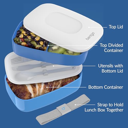 Bentgo Classic - Adult Bento Box, Stackable 3-Compartment Lunch Box with Removable Utensil Set and Sealing Strap, BPA-Free, Food Container Ideal for Meal Prep, Work, and On the Go (Blue) - color: Blue