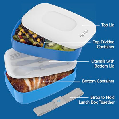 Bentgo Classic Stackable 3-Compartment Adult Bento-Style Lunch Box | Removable Utensil Set and Sealing Strap, BPA-Free, Food Container Ideal for Meal Prep, Work, and On the Go (Blue) - color: Blue