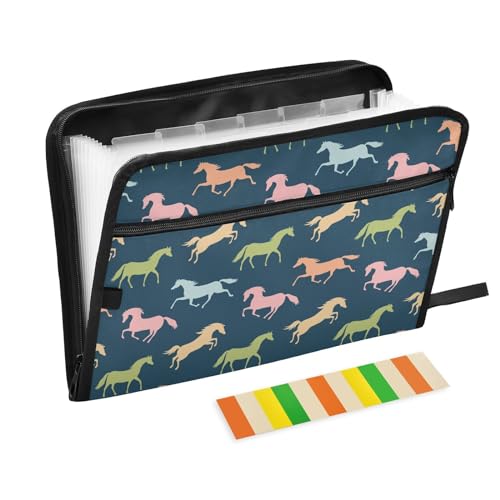 Colorful Running Horses File Folders,Plastic Folders with 13 Pockets,Expandable File Folder for Documents School Students Office,Aesthetic Folder with Labels A4 Letter Size - color: Multi 28