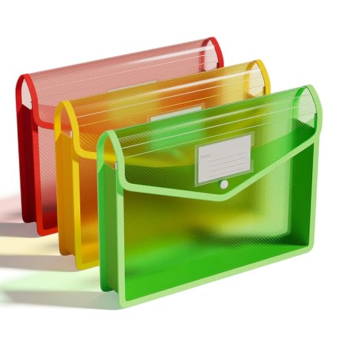 ThinkTex Plastic Expanding File Folders, Transparent Envelopes with Snap Closure, No Dividers, Large Capacity, Document Organizer for Bills & Taxes, Letter/A4 Size for School, Office, Home - 3 Pack - color: 3 Packs Traffic - Light