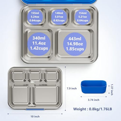 Pawtong Stainless Steel Lunch Box, 5-Compartment Bento Lunch Box for Kids & Adults,Metal Lunch Box with Removable Silicone Container, Lunch Box Containers for School,Office (Blue) - color: Blue