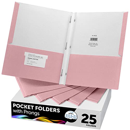 FILE-EZ Two-Pocket Folders with 3-Prong Fasteners, Pink Color, 25-Pack, Durable Textured Paper, Matte Finish, Letter Sheet Size (EZ-92590) - color: Pink