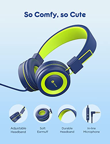 iClever Kids Headphones with Microphone, 85dB/94dB Volume Limited, Stereo 3.5mm Jack, Tangle-Free Wired Headphones for Boys/Girls/School/Travel/iPad, Green - color: Blue,Green