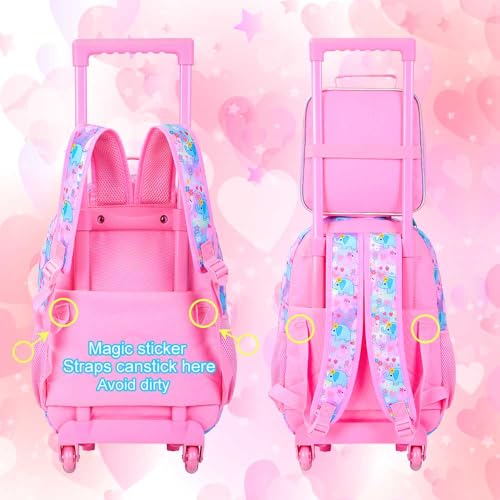 CCJPX 3PCS Rolling Backpack for Girls,Kids Backpacks with Roller Wheels and Lunch Box, Wheeled Bookbag for Toddler Elementary School - color: Pink Elephant