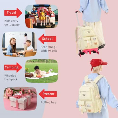 Girls Rolling Backpack with Wheels, School Backpack with Wheels for Girls, Rolling School Bag Roller Bookbag Kids Carry-on Luggage, Light yellow - color: 6 Wheels Light Yellow
