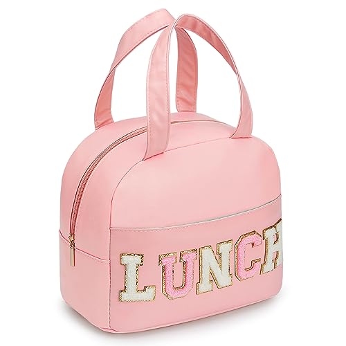 DIRGEE Lunch Bag for Women - Pink, Leather, Unisex, Meal Holder, Waterproof, Insulated, Reusable, Portable, 9.4L Capacity, Cute Chenille Letters Design - color: C-Pink