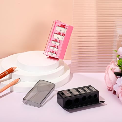 Honoson 2 Pcs 5 Hole Cosmetic Long Point Manual Pencil Sharpener with Plastic Lid Makeup Eyeliner Pencil Sharpener(Pink Black) - color: Pink Black
