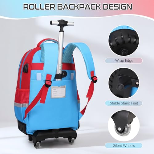 Jafeton Rolling Backpack for Boys, 3 PCS Gamer Boy Backpack Set with Lunch Box & Pencil Pouch, Roller Wheels School bag for Boys Kids Teens, Elementary Middle School, Kids Bookbag Casual Daypack - color: Red Blue