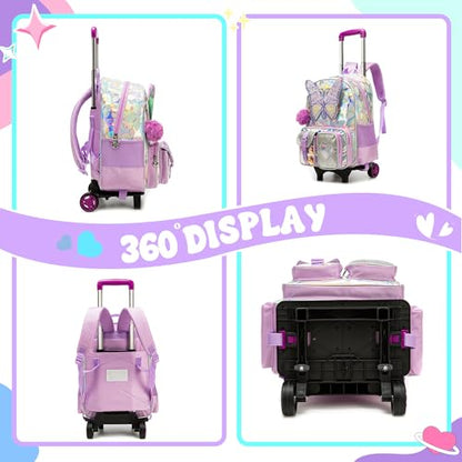 Meetbelify Girls Cute Backpack with Wheels for Elementary Students Kids Black Travel Luggage - color: Butterfly