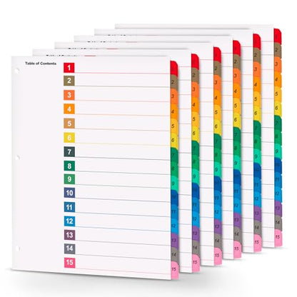 Tab Dividers for 3 Ring Binders – 6 Sets, 1–15 Numbered Index Dividers with Table of Contents – 8.5 x 11 in, 3-Hole Punched – Binder Dividers for School, Office, Filing, Organizing - 6 Pack - size: 1-15 Tabs