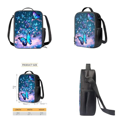 Butterfly Backpack for Girls Kids Backpack with Lunch Box Water Bottle Carrier with Strap and Aesthetic Pencil Case 4PCS Set Bookbag with Front Pocket for School Teens 17 inch Large School Bag - color: Aesthetic Butterfly