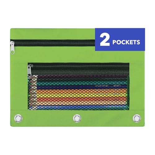 Pencil Pouch for 3 Ring Binder - 3 Hole Zipper Pen Case Bag Holder Bulk Accessories Clear Window Aesthetic Organizer Pockets (Grass Green) - color: Grass Green