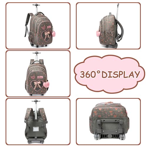 Rolling Backpack for Girls School Backpack with Wheels for Girls Cute Kawaii Travel Roller Wheeled Bookbag Backpacks for Girls with Lunchbox, Brown 01, NO2003 - color: Brown 01