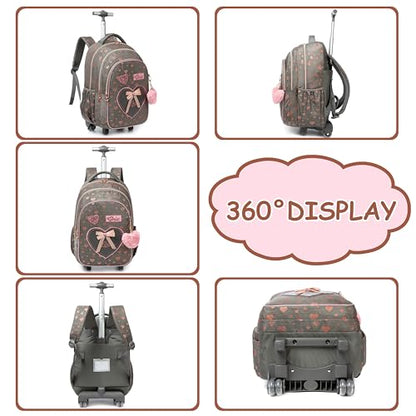 Rolling Backpack for Girls School Backpack with Wheels for Girls Cute Kawaii Travel Roller Wheeled Bookbag Backpacks for Girls with Lunchbox, Brown 01, NO2003 - color: Brown 01