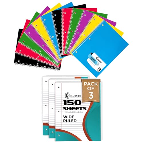 Rosmonde Loose Leaf Paper, 450 Sheets, 3 Pack, Wide Ruled Sheets, Combo, Spiral Notebooks, 12 Pack, 1 Subject Notebook, Wide Ruled, 70 Sheets, Assorted Colors, School, College & Office
