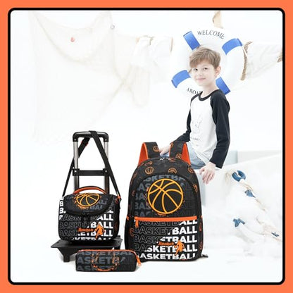 Backpack with Wheels for Boys Rolling Backpack with Lunch Box Pencil Case for Kids Carry On Suitcase with Wheels for Elementary Teens Boys - color: Basketball